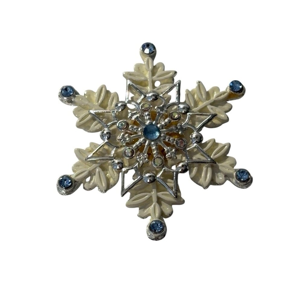 KC Snowflake Brooch Pin White Blue Rhinestones Silver Tone Winter Christmas VTG